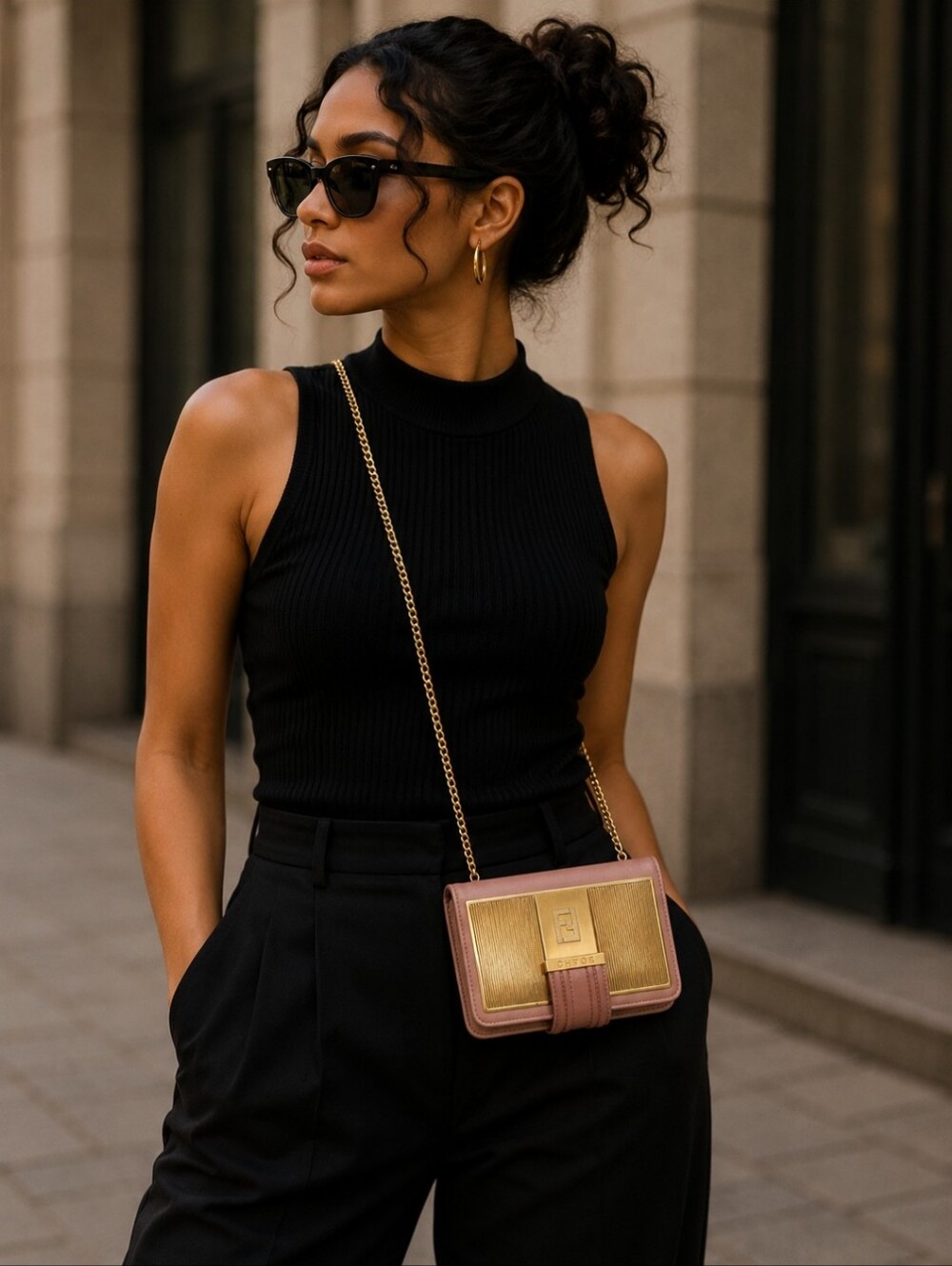 Fendi I Phone 11 Gold and Mauve Crossbody Phone /wallet with Chain Strap